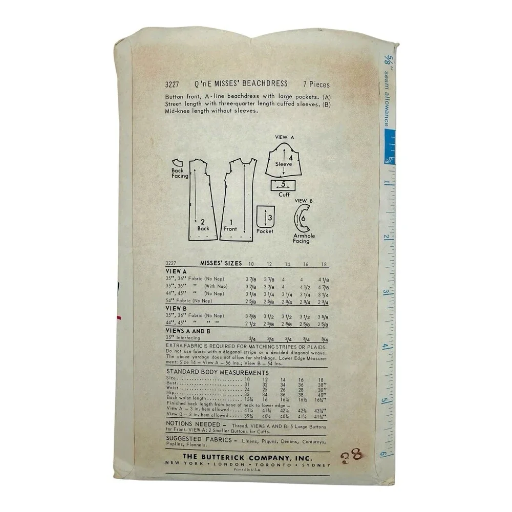 VTG 1965 Butterick Sewing Pattern Quick & Easy Misses Beachdress Size 16 #3227